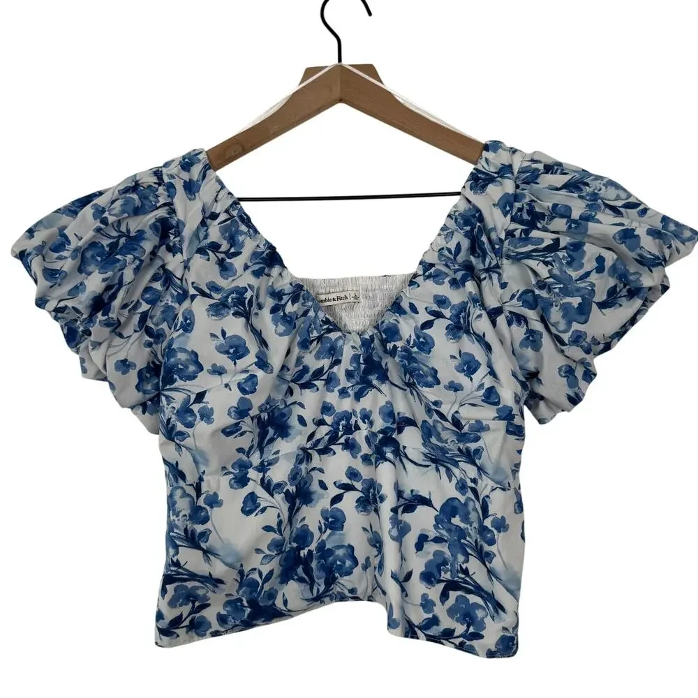 Abercrombie & Fitch Blue Floral Drama Puff Sleeve Poplin Top Size Large